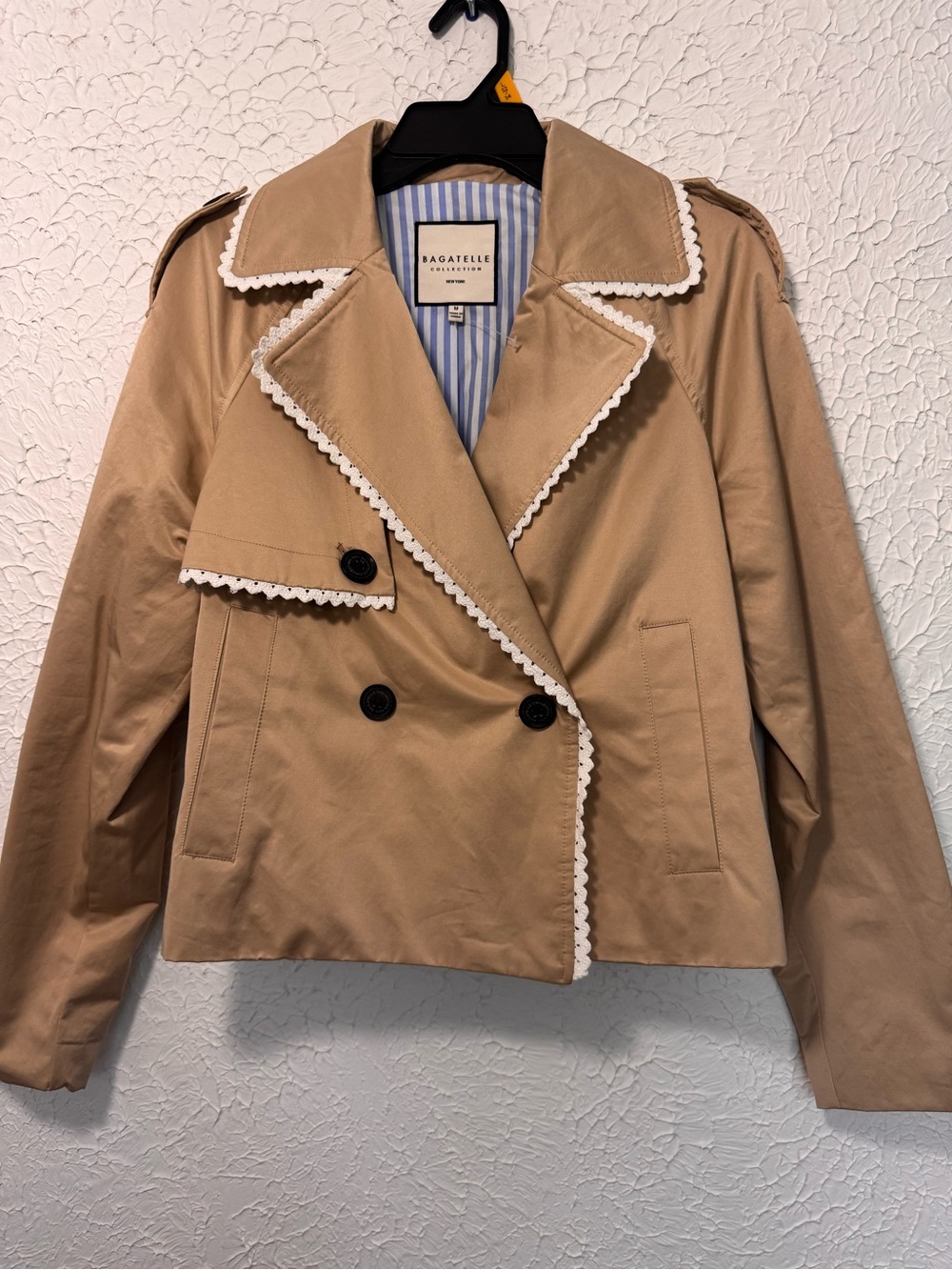 Bagatelle Collection Tan Cropped Trench Coat with White Trim